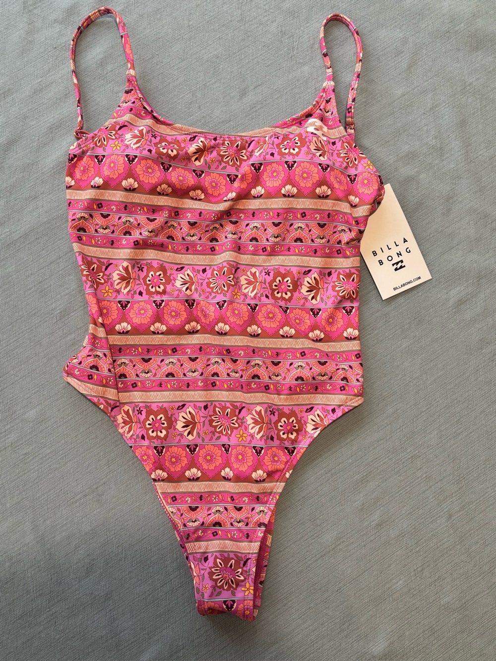 New!  Billabong Beach Babe Pink Floral & Stripe One Piece Swimsuit M